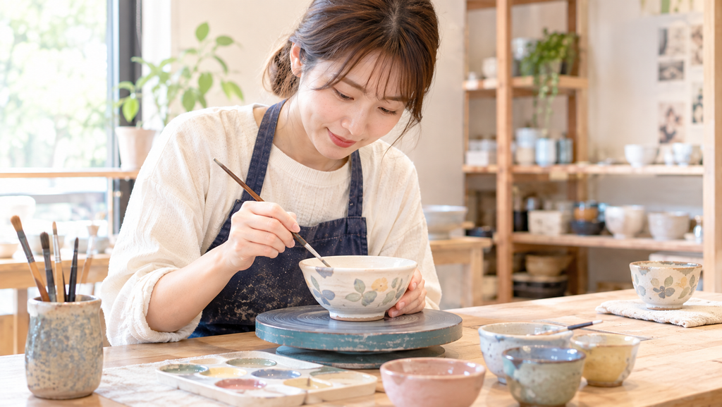 陶芸工房で器に色付けする女性